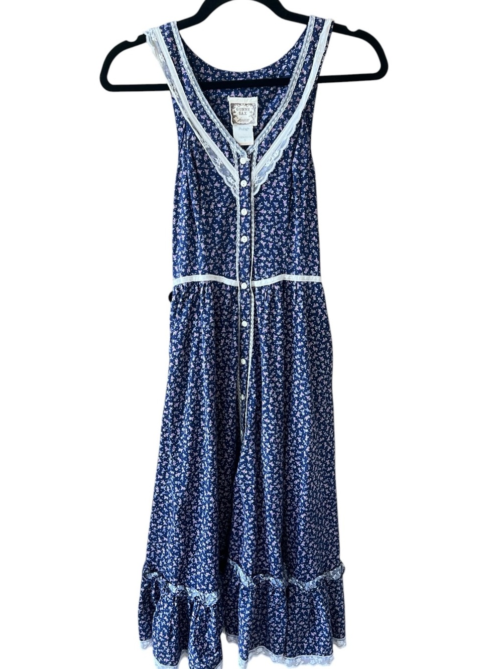 Gunne Sax 1970’s Calico Prairie Midi Dress Navy Floral Lace Trim Sz 5